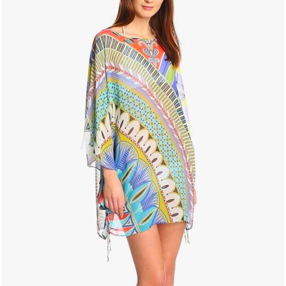 Da-Nang Geometric Print Flutter‎ Sleeve Drawstring 100% Silk Top Cover Up Small